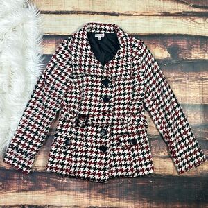 Red Black White Houndstooth Jacket Pea Coat